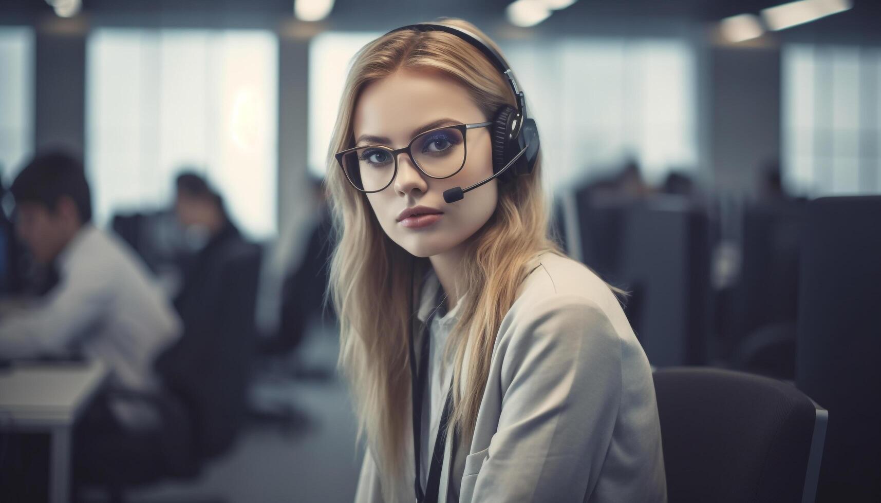 joven adulto mujer de negocios sonriente con confianza, auriculares en, en oficina ajuste generado por ai foto