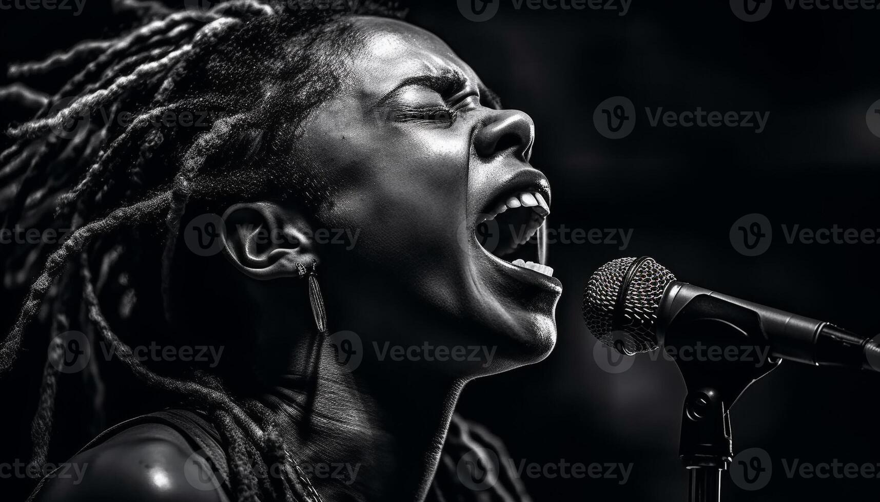 Young adult singer performs rock music on stage, eyes closed generated by AI photo