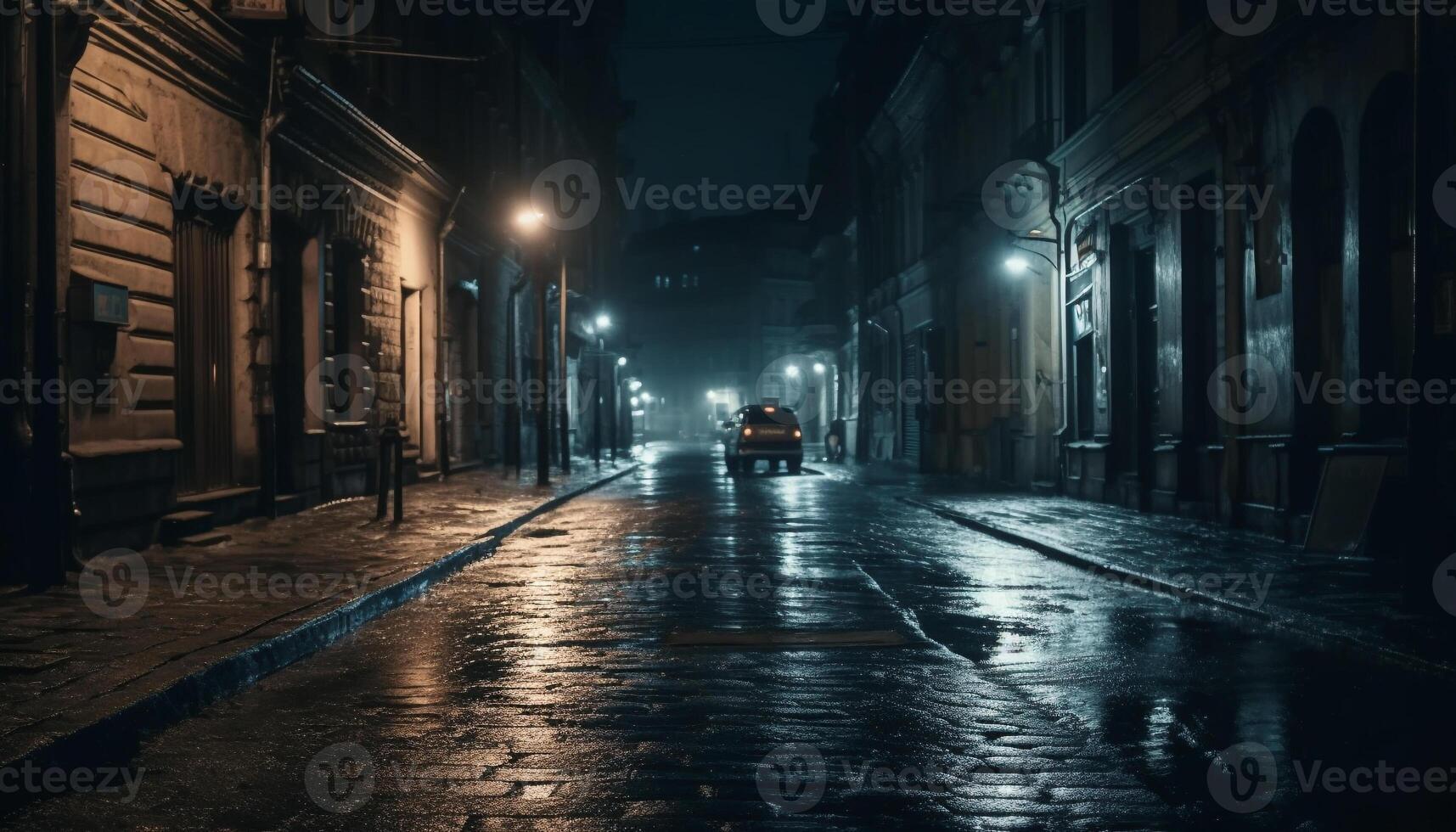 Spooky city street, illuminated by street lights and car headlights generated by AI photo