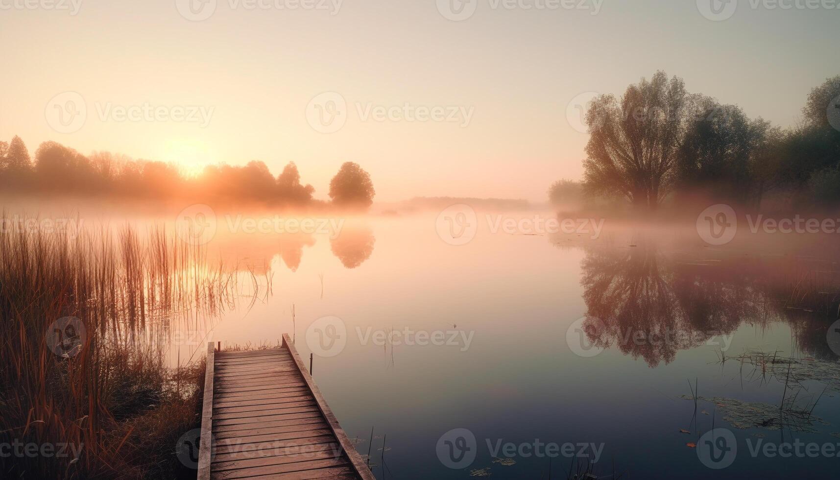 Silhouette of tree back lit by sunset over tranquil pond generated by AI photo