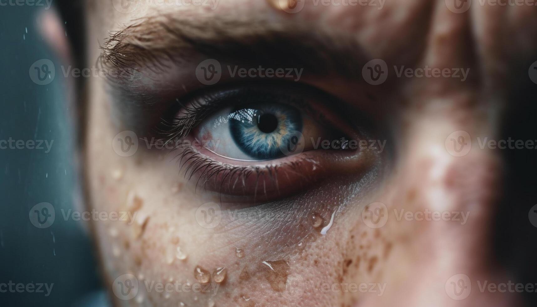 cerca arriba de uno persona humano ojo mirando macro a cámara generado por ai foto