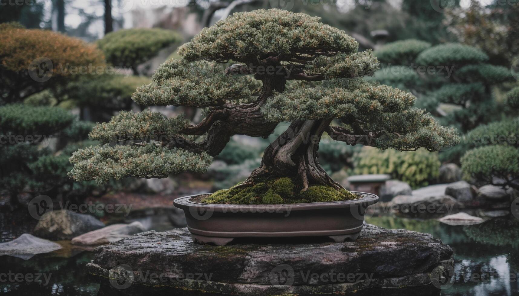 tranquilo escena de un mojado enebro árbol por un estanque generado por ai foto