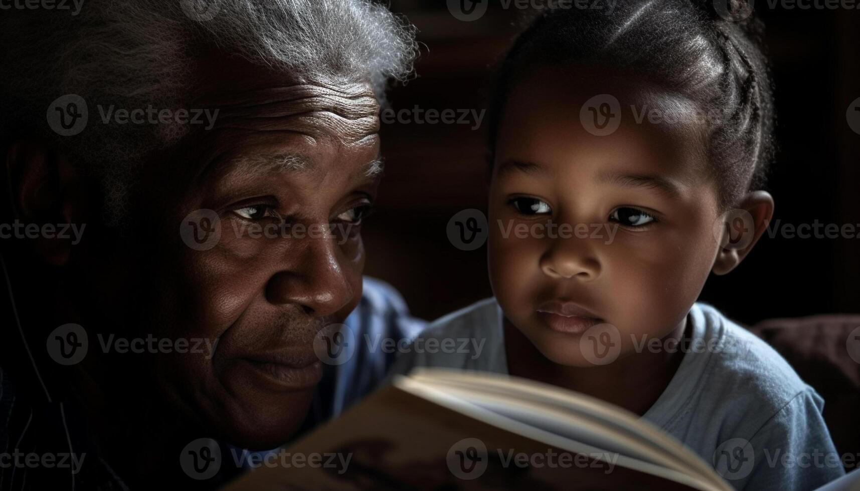 familia unión mediante leyendo abuelos, padres, y niños aprendizaje juntos generado por ai foto