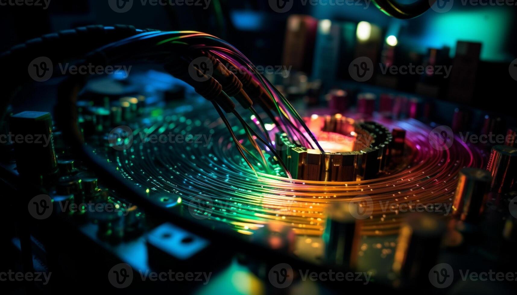 Glowing computer chip illuminates complex machinery in futuristic factory generated by AI photo