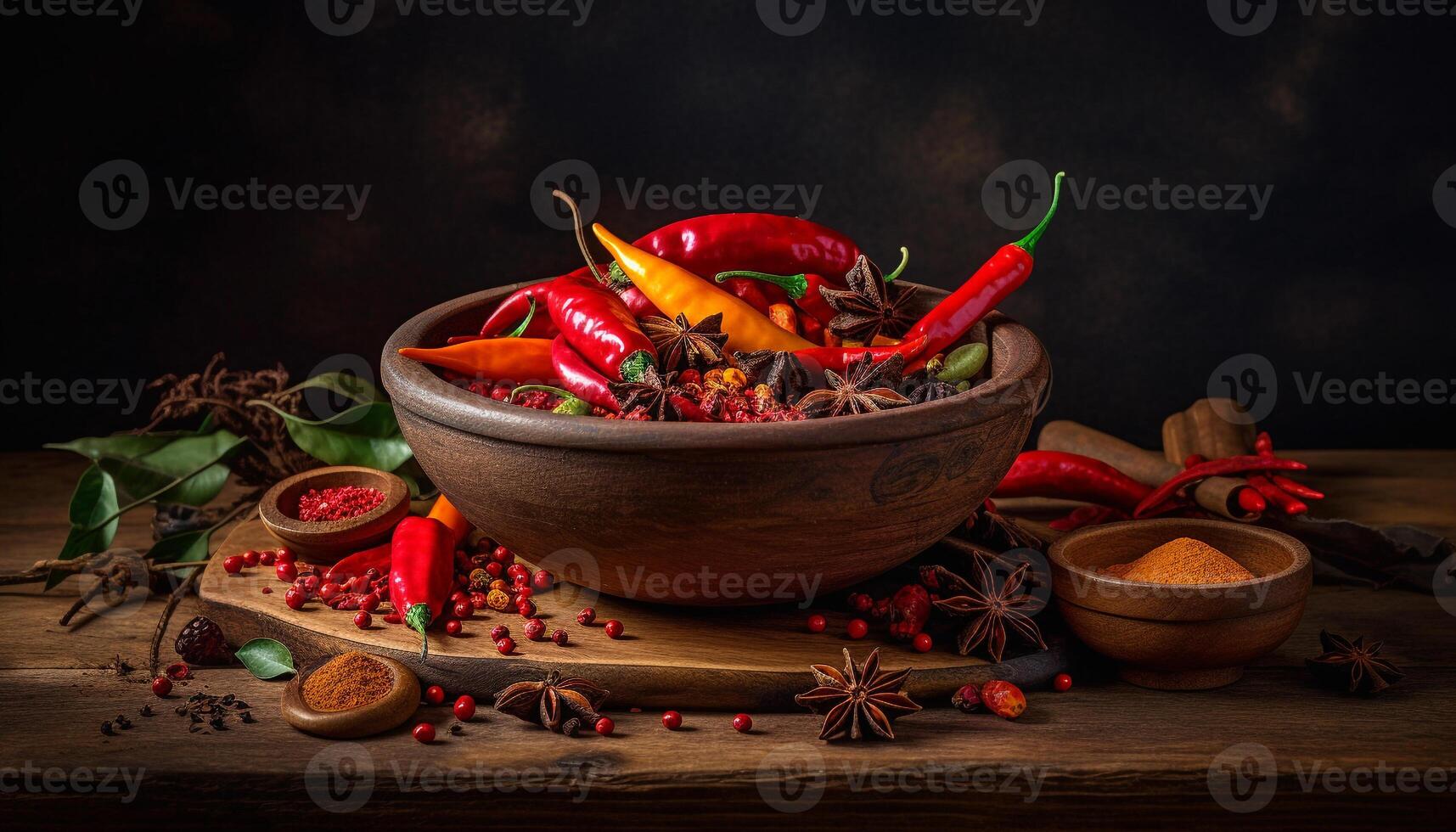 Fresh organic vegetable seasoning in rustic wooden bowl on table generated by AI photo