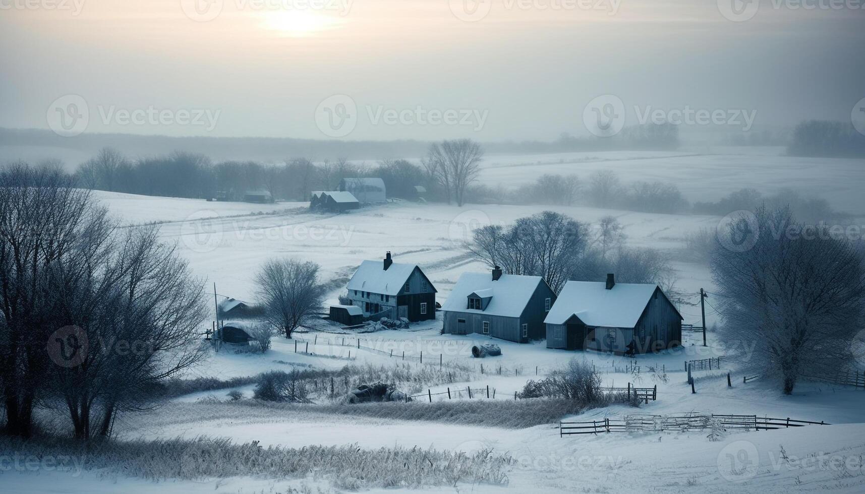 tranquilo invierno paisaje nieve cubierto árboles, escarchado cerca, y casa de Campo generado por ai foto