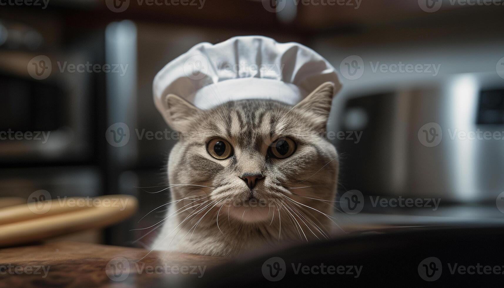 Cute kitten chef cooks gourmet meal, staring at meat plate generated by AI photo