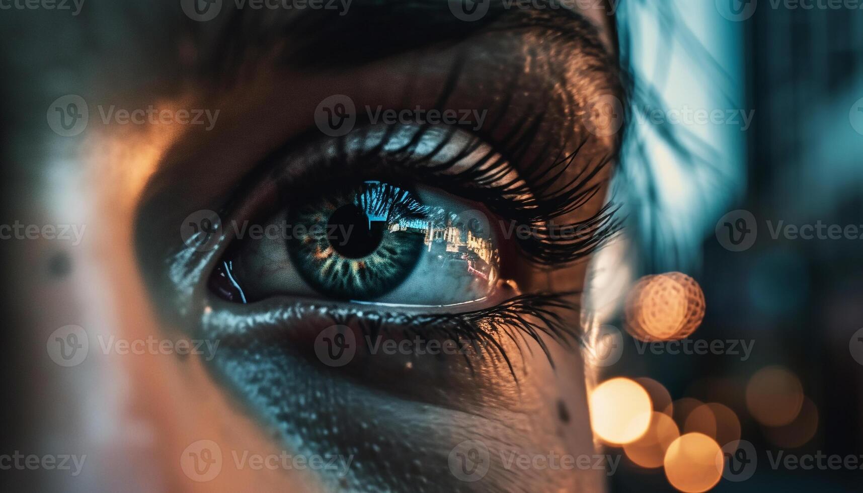 Young adult woman blue eye, looking away, illuminated sensuality generated by AI photo