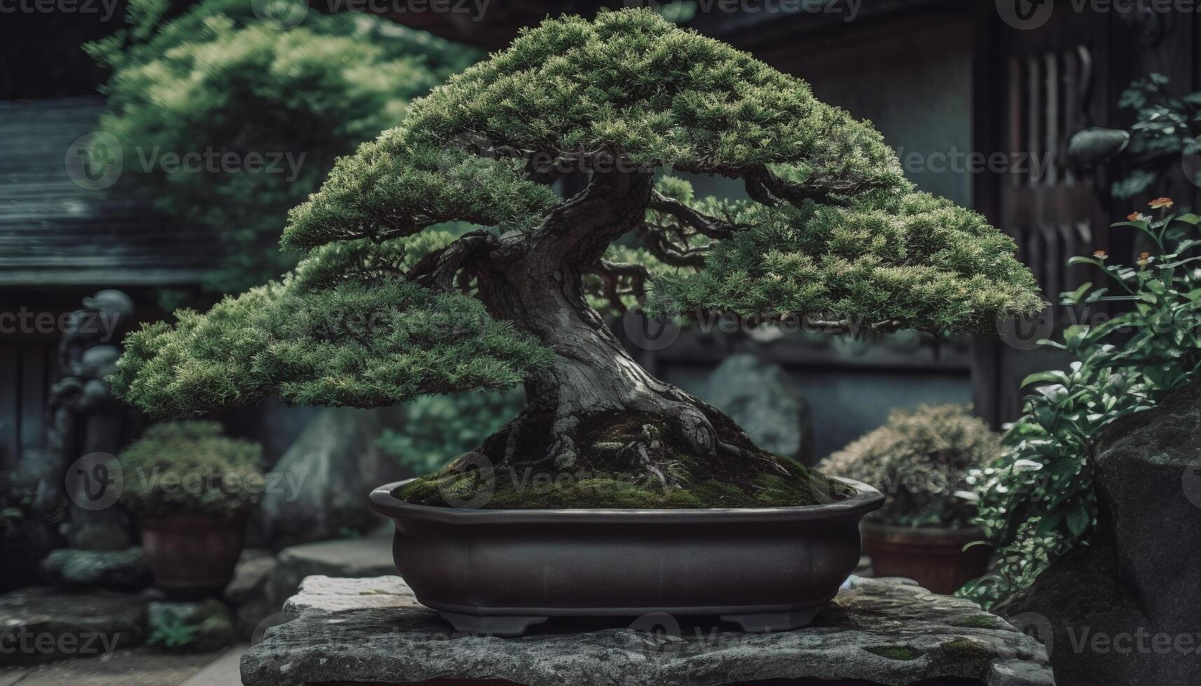 Japanese pine tree in old fashioned pottery brings tranquility to garden generated by AI photo