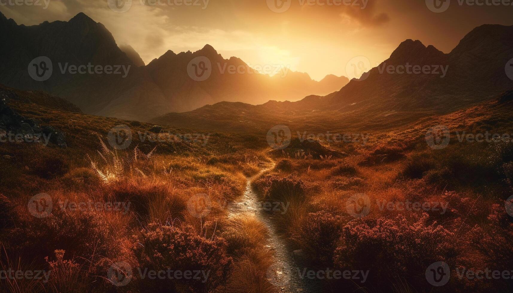 Majestic mountain range reflects tranquil sunset, a beauty in nature generated by AI photo