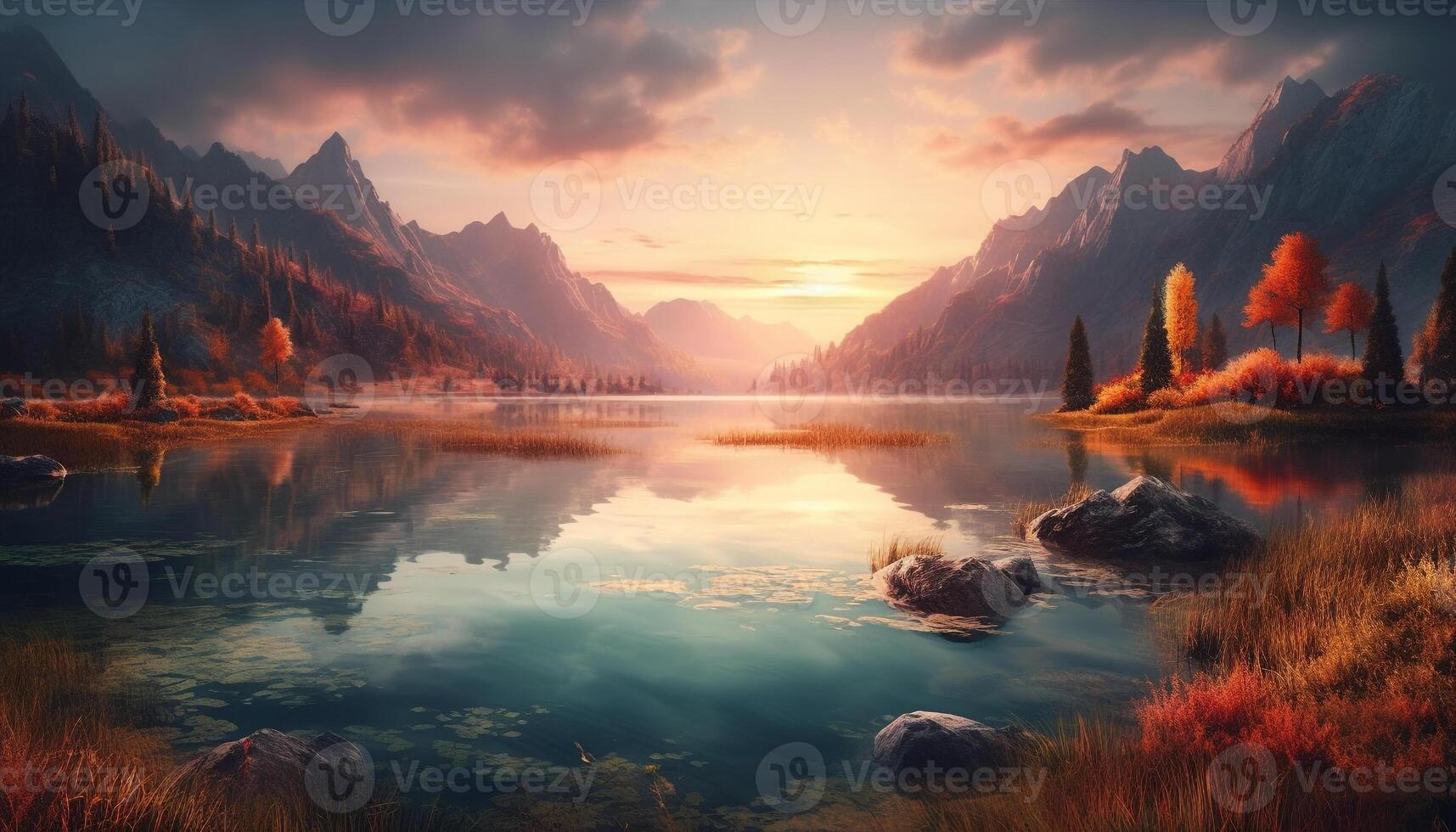 Majestic mountain peak reflects tranquil sunset in panoramic landscape generated by AI photo