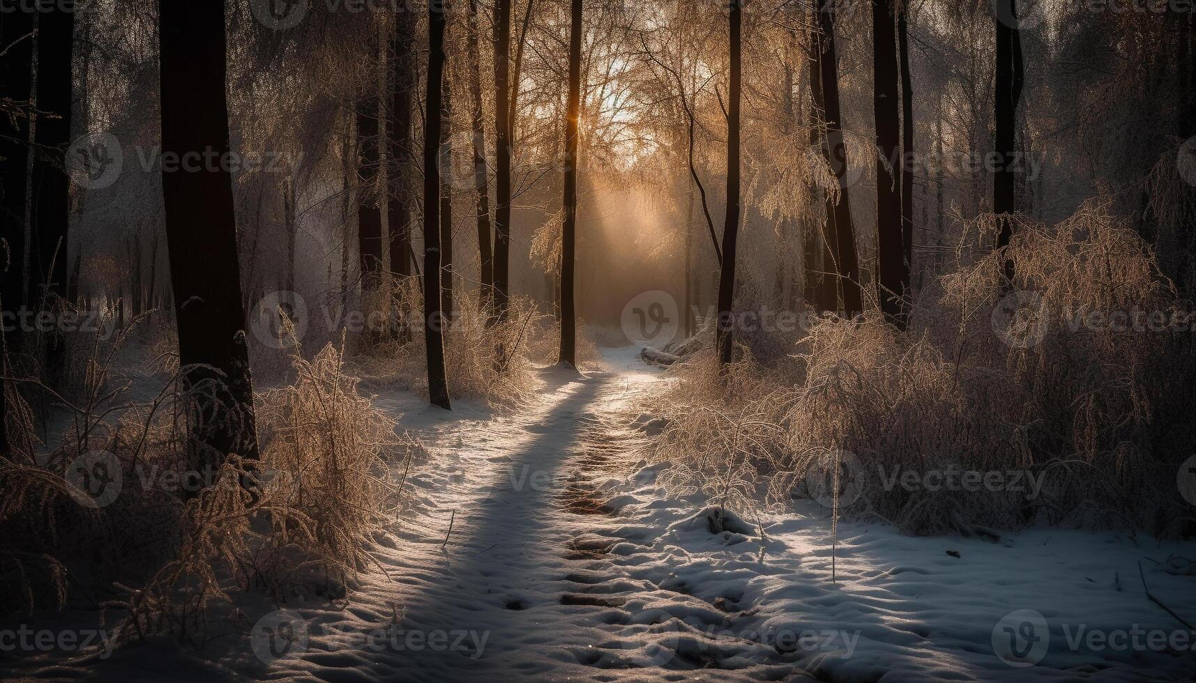 Tranquil forest footpath in winter, sunlight through frosty branches generated by AI photo