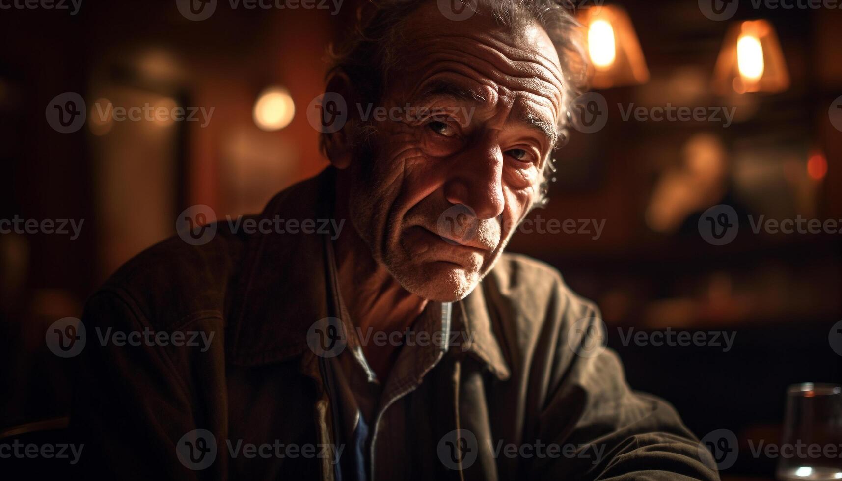 Senior man sitting alone at table, looking sad and wrinkled generated by AI photo
