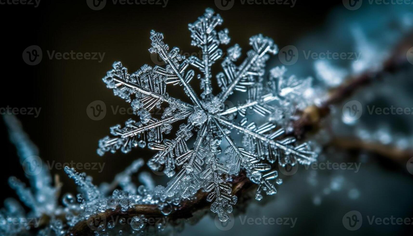 Abstract snowflake pattern on frozen pine tree branch in winter generated by AI photo