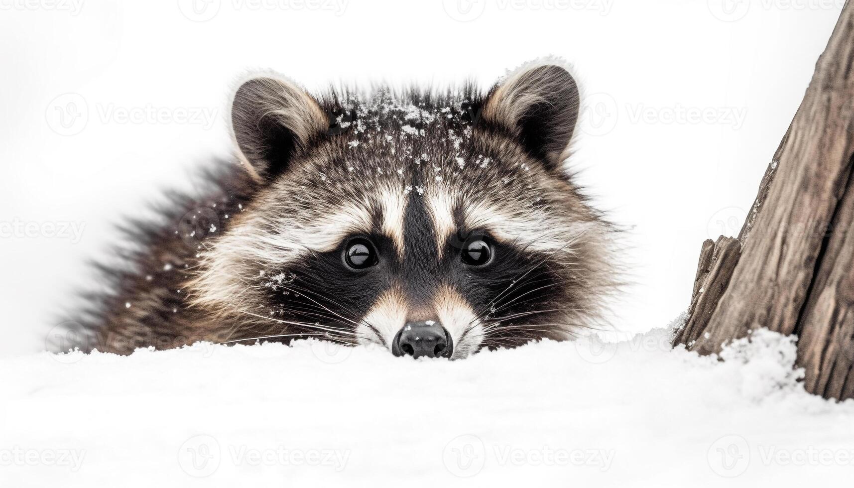 Fluffy mammal sitting in snow, looking alertly at camera generated by AI photo