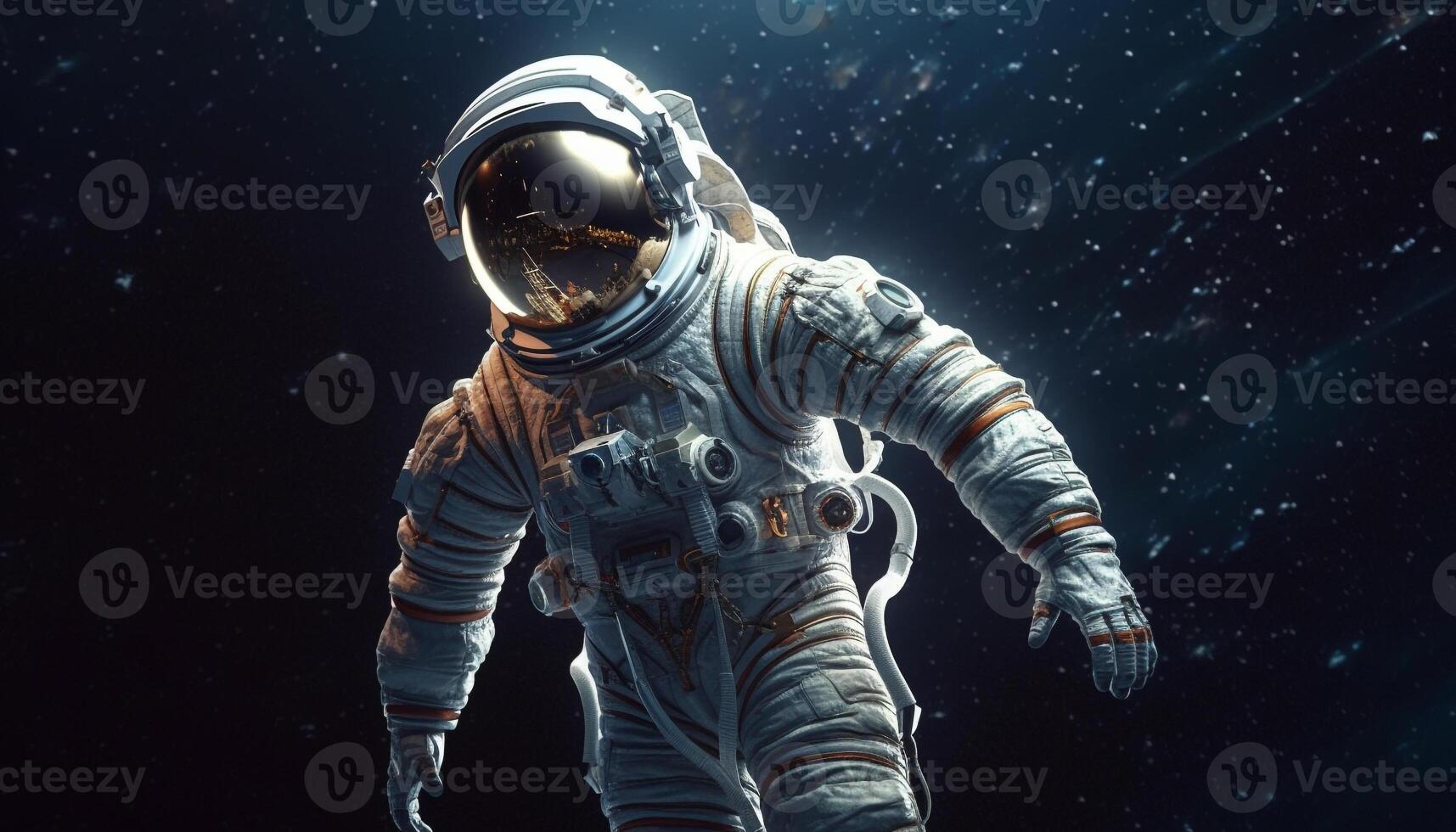 Futuristic space explorer in blue suit orbits galaxy in spaceship generated by AI photo