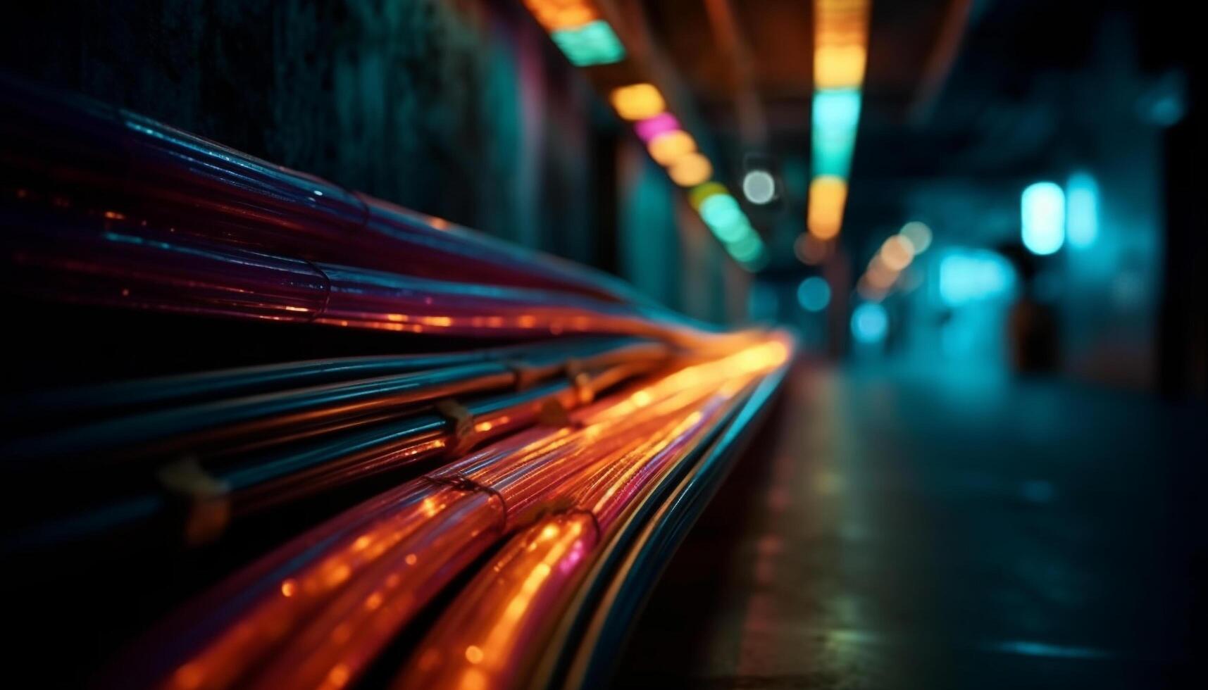 Futuristic city nightlife Illuminated streets, blurred motion, glowing reflections, multi colored patterns generated by AI photo