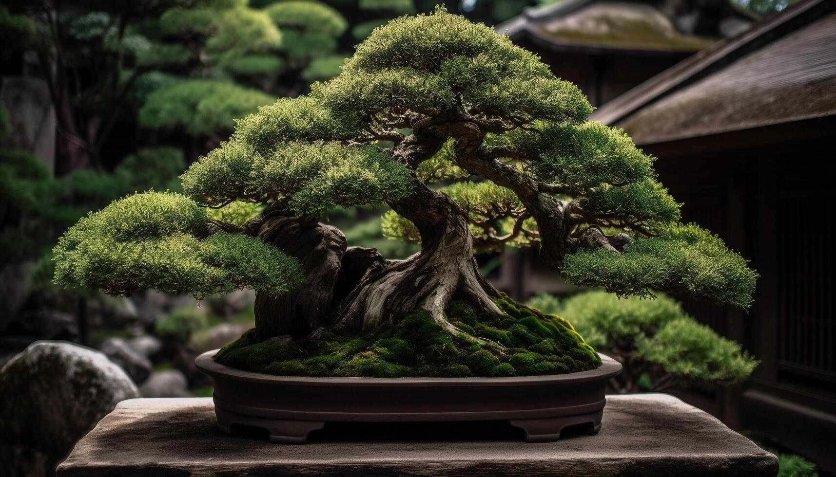 Japanese pottery decorates small pine tree in tranquil garden scene generated by AI photo
