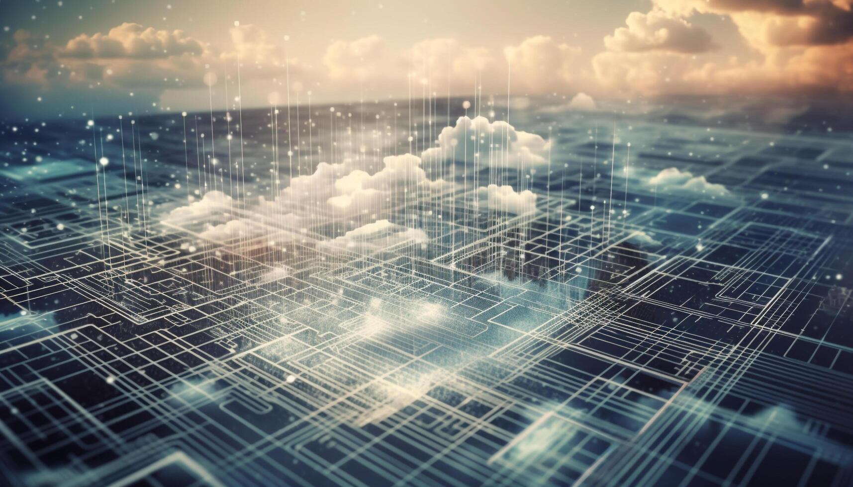 Futuristic skyscraper design glows bright against abstract cityscape backdrop generated by AI photo