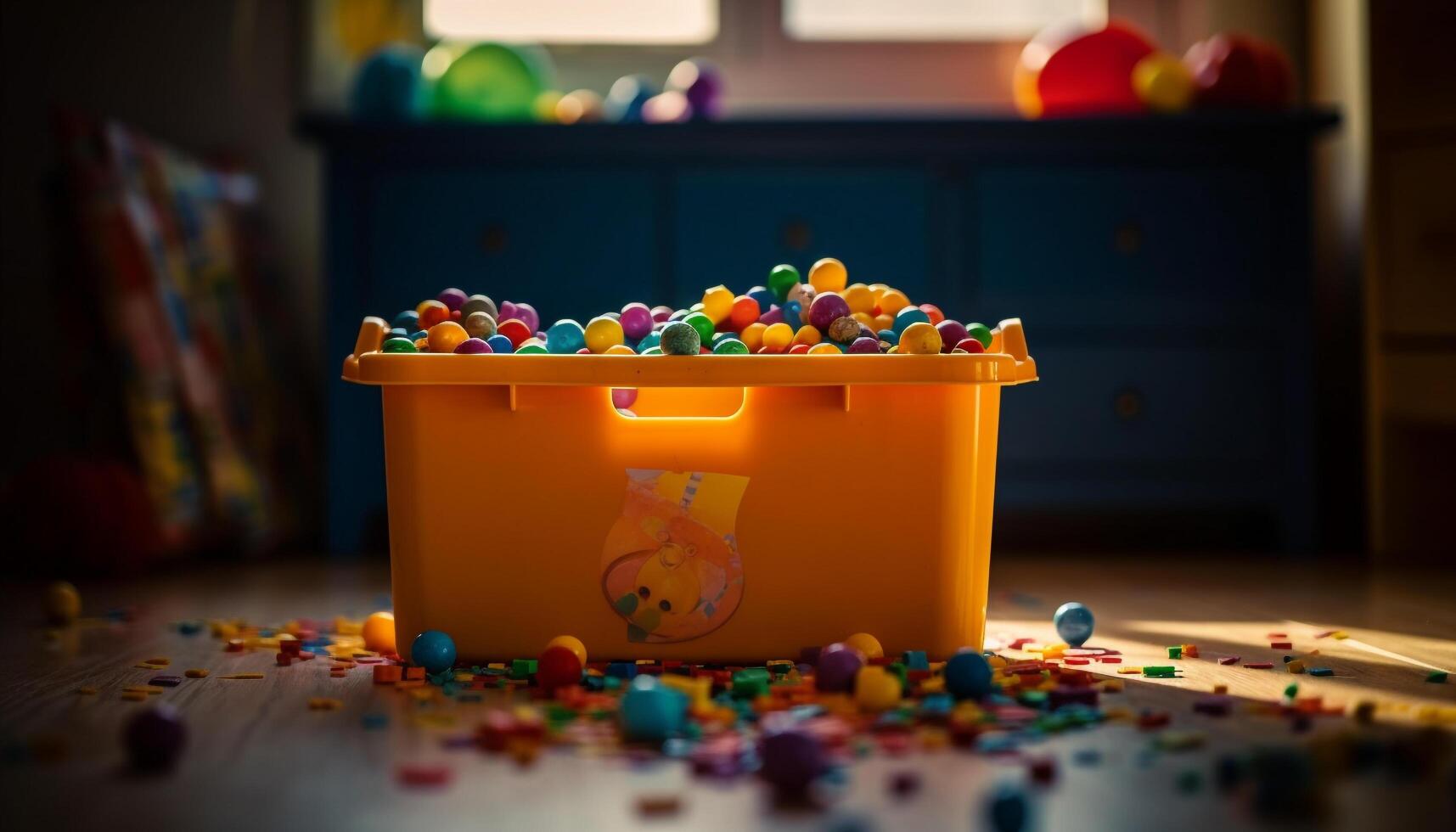 Vibrant colors of childhood toys decorate the party table indoors generated by AI photo