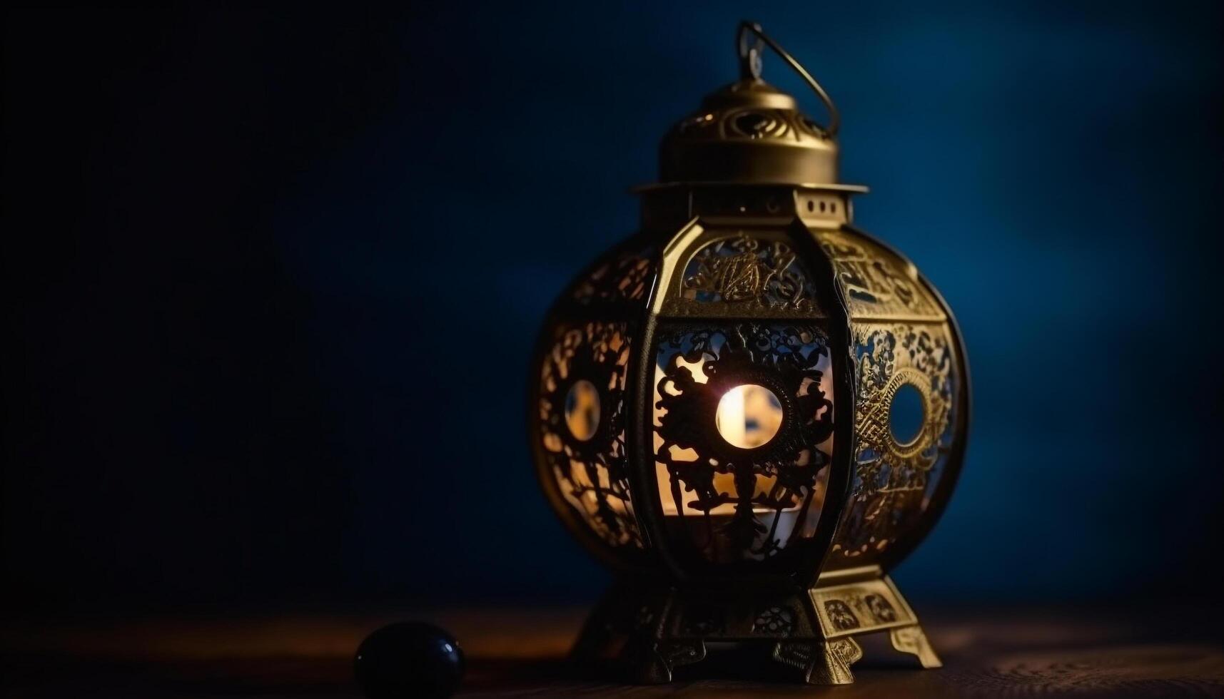 Antique lantern illuminated with candle, symbol of traditional spirituality generated by AI photo