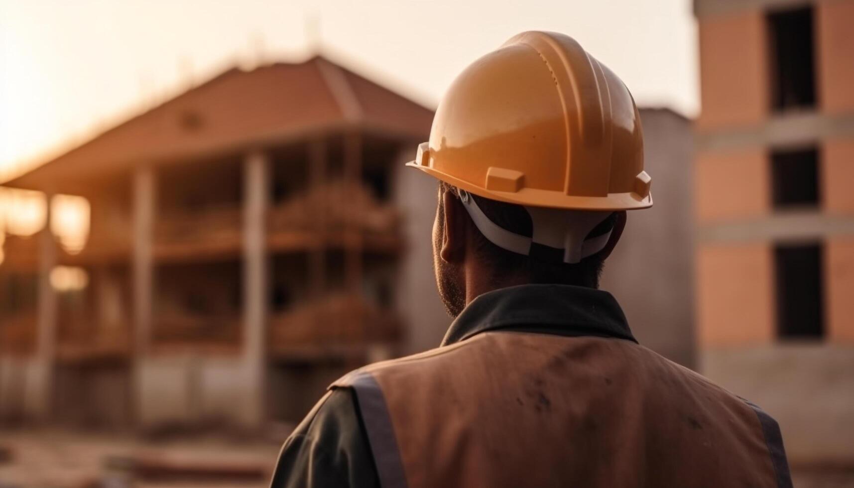 Men in hardhats work outdoors on construction site, building structure generated by AI photo