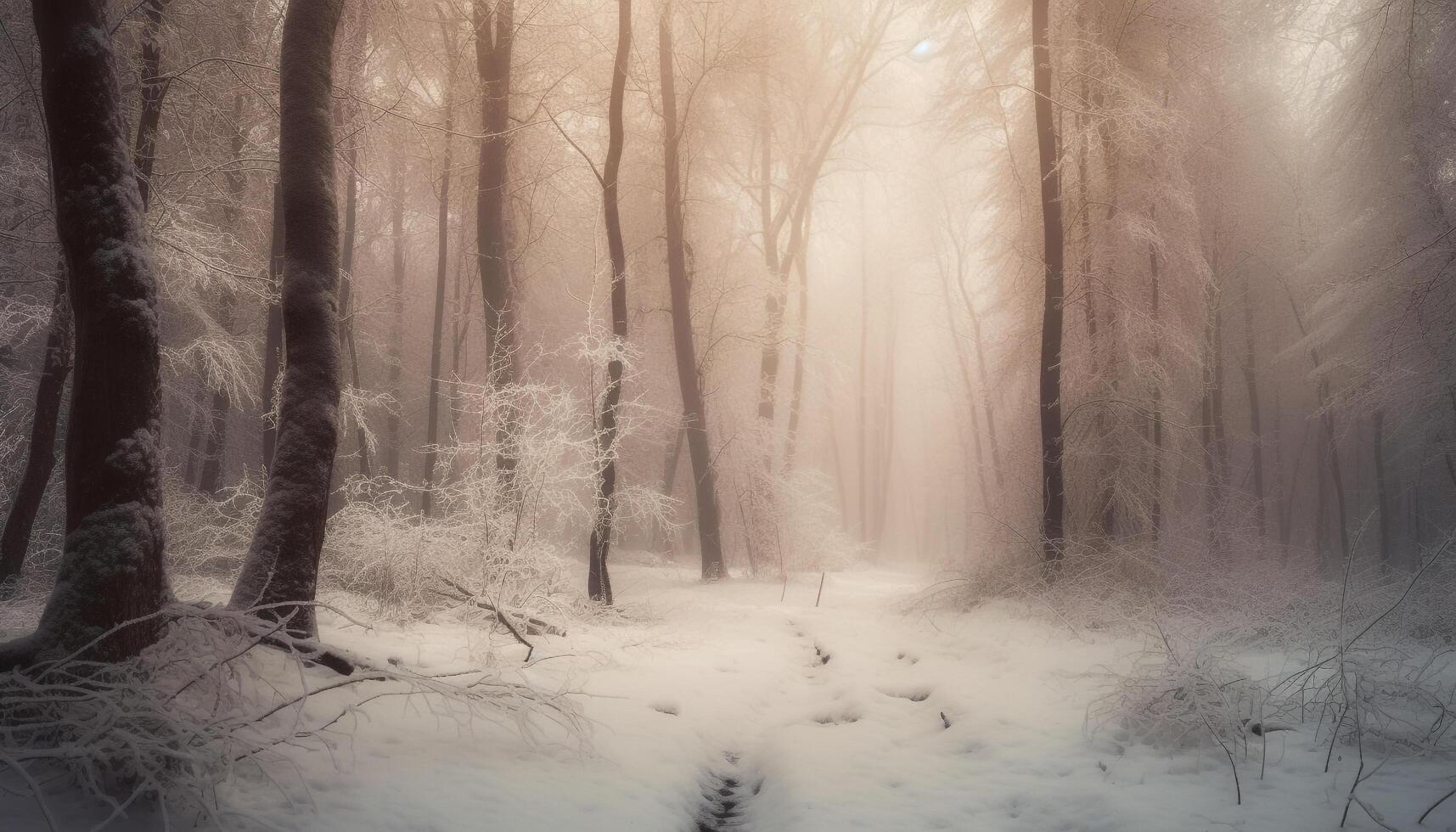 Tranquil scene of winter forest, beauty in nature mystery generated by AI photo