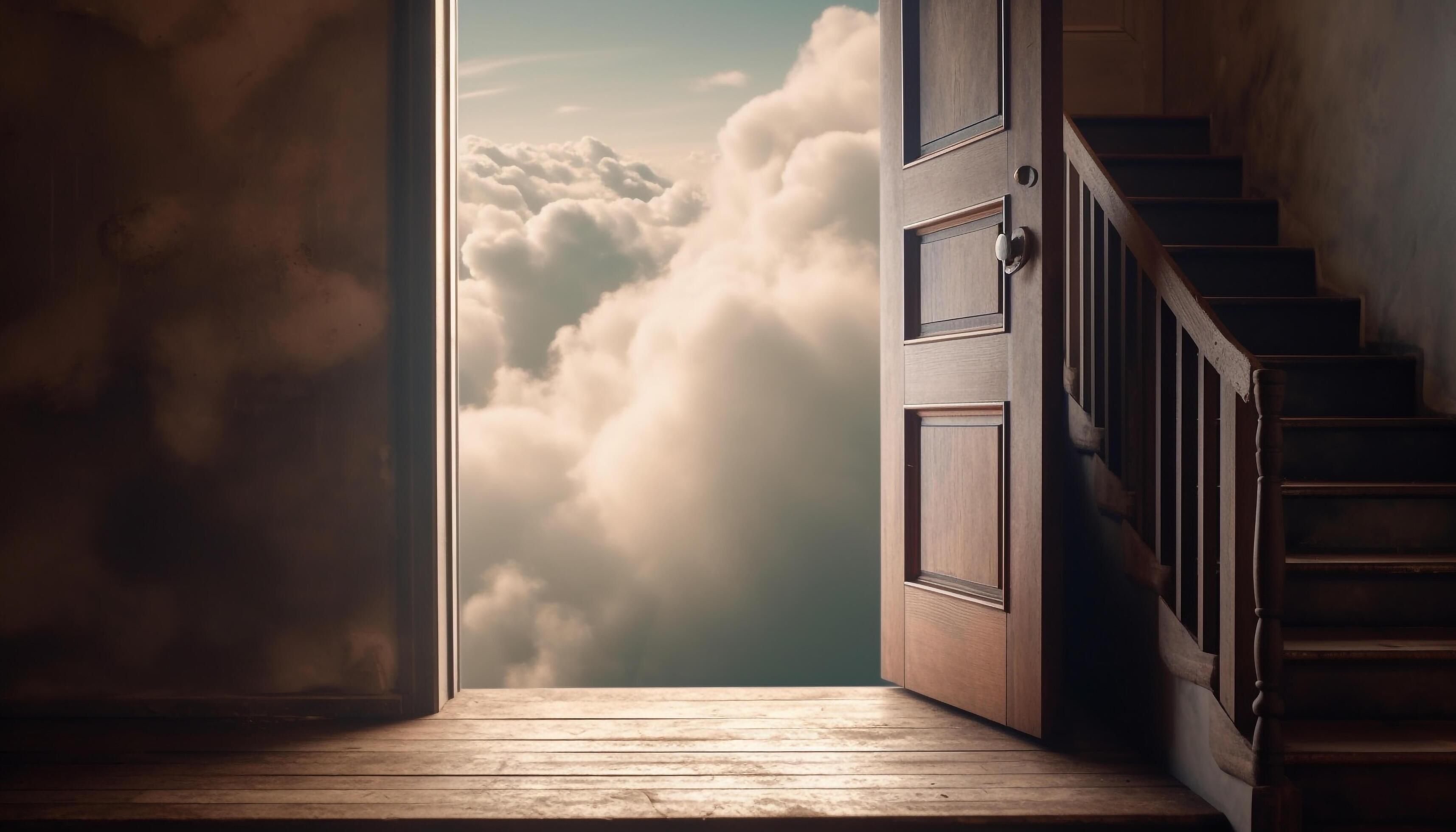 Bright sunlight streams through modern doorway, revealing heavenly landscape beyond generated by