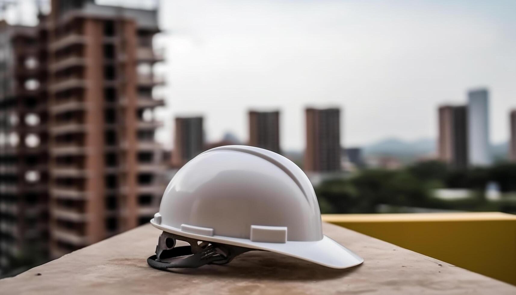 casco de seguridad protege construcción trabajador en peligroso edificio sitio en ciudad generado por ai foto