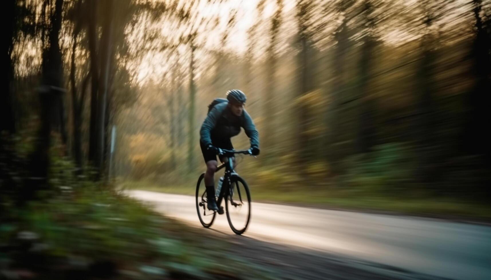 Muscular athlete speeds through forest on mountain bike for adventure generated by AI photo