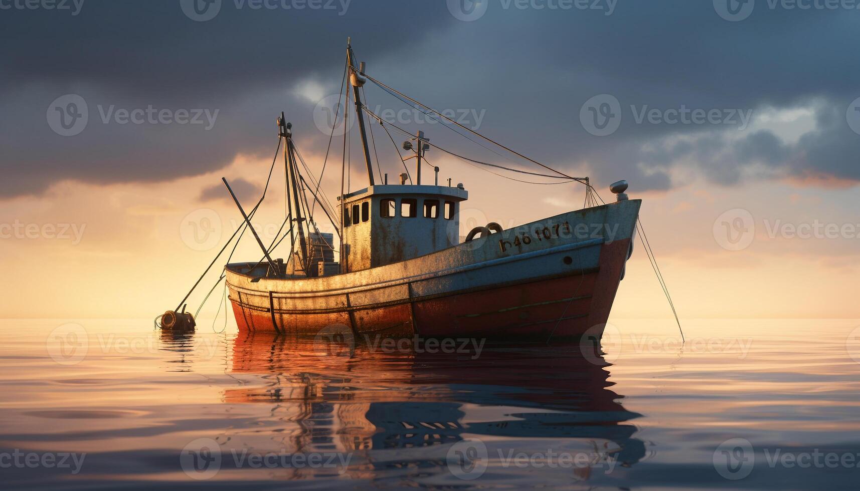 Tranquil sunset on nautical vessel, fishing boat, coastline, summer vacation generated by AI photo