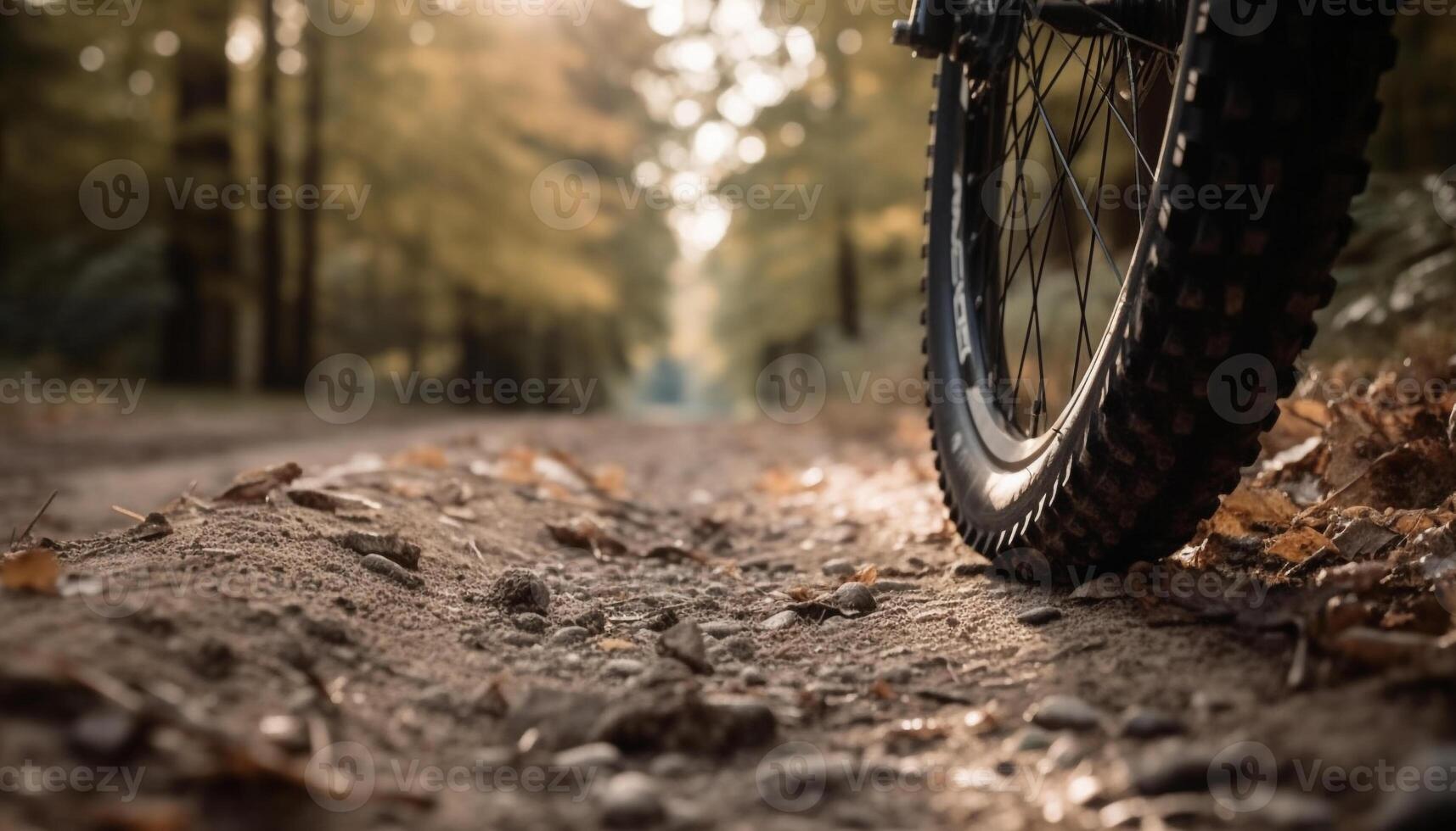 Mountain biker speeds through autumn forest on dirt path generated by AI photo