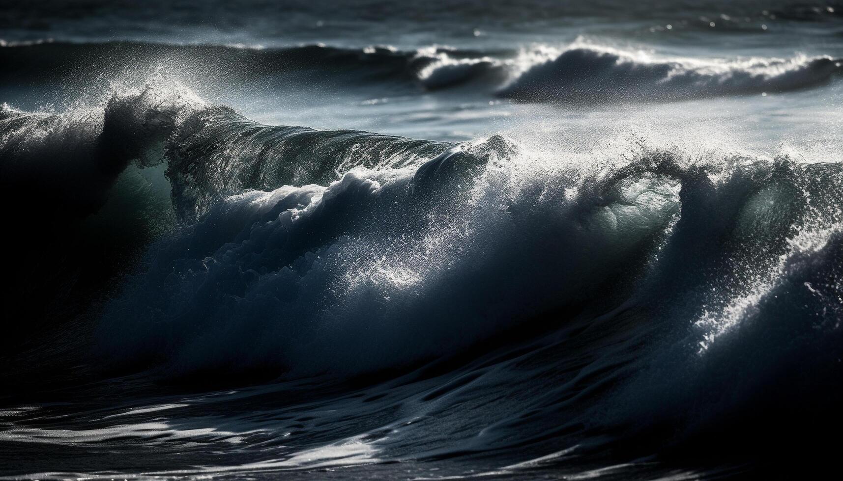 Breaking wave splashes, spraying liquid, crashing on wet coastline generated by AI photo