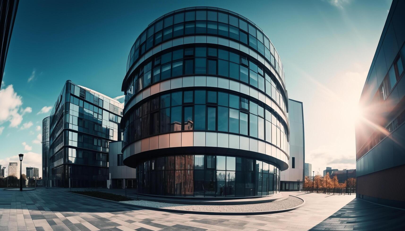 Modern skyscraper reflects blue cityscape in futuristic glass facade generated by AI photo