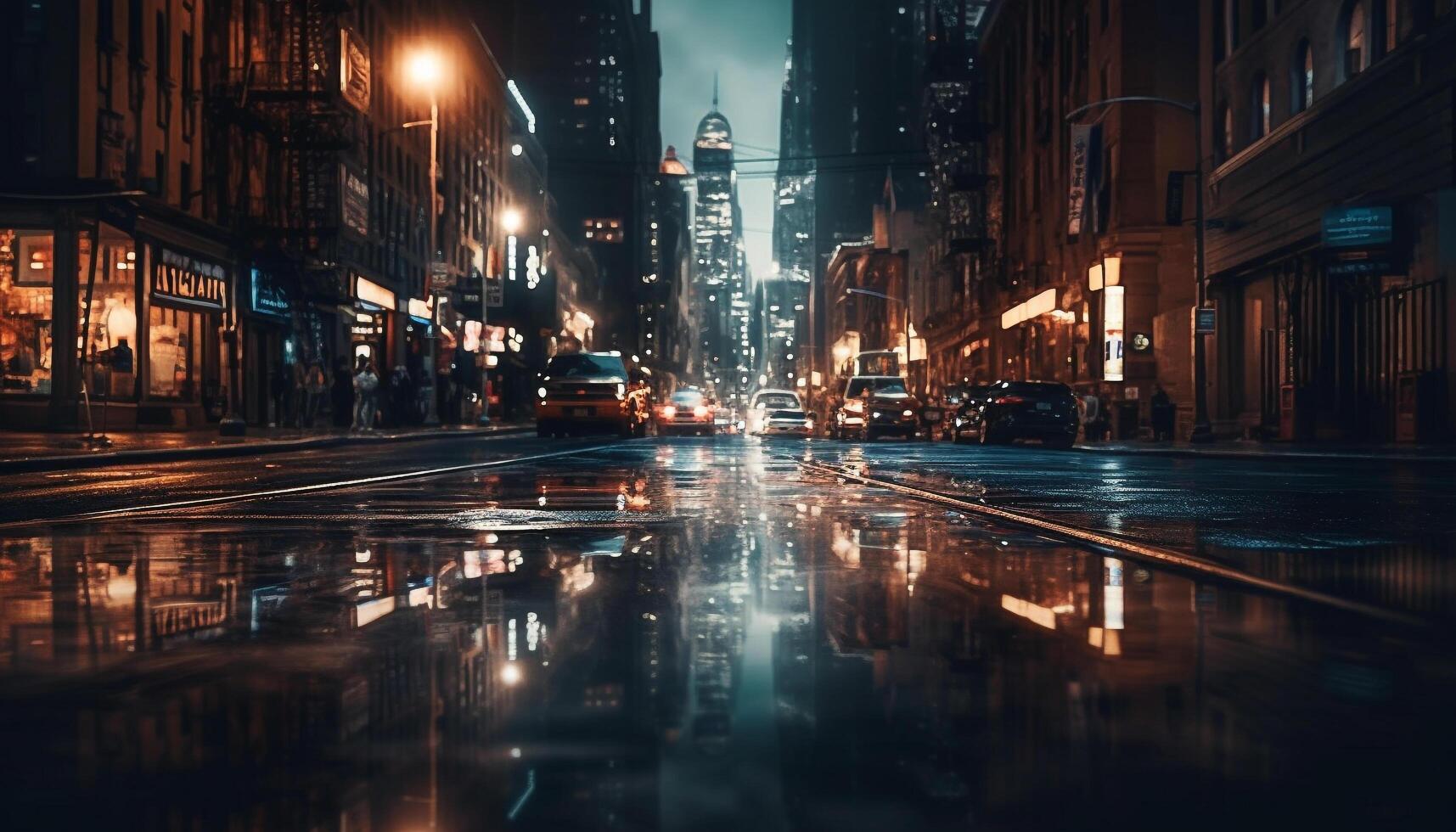 Glowing city lights reflect on wet streets in crowded metropolis generated by AI photo