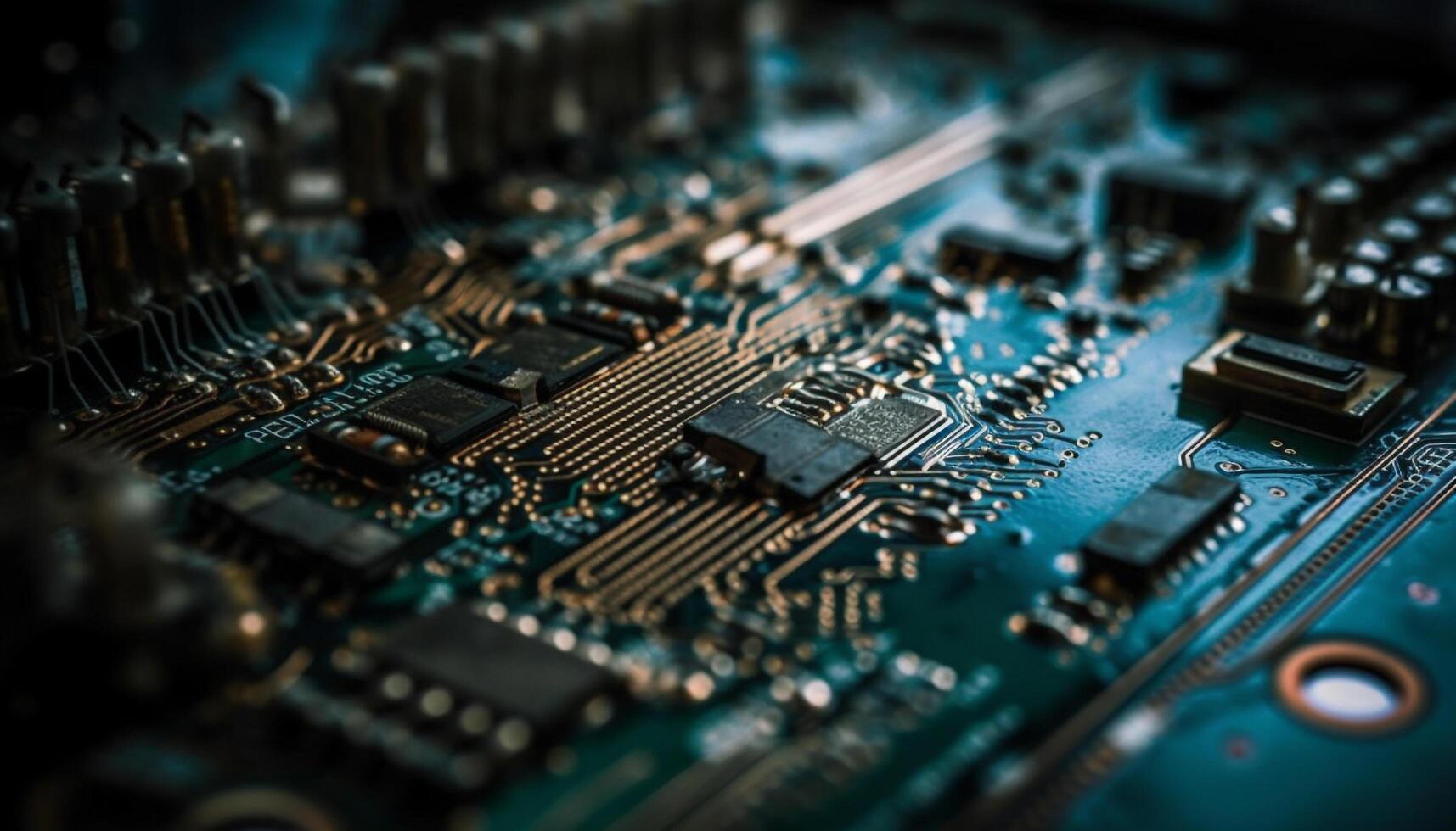Complexity of computer parts circuit board, CPU, and capacitor generated by AI photo