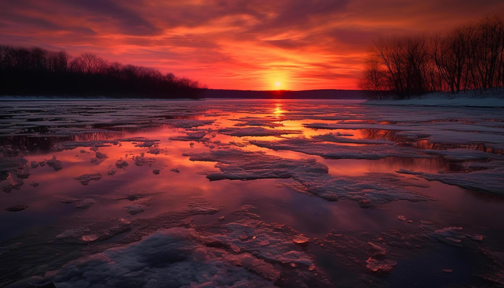 Sunset over tranquil winter landscape, reflecting beauty in nature generated by AI photo