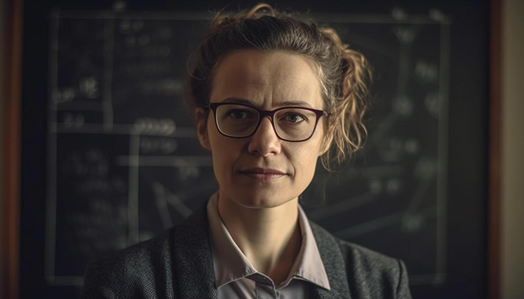 Confident businesswoman in eyeglasses standing in office, smiling expertly generated by AI photo