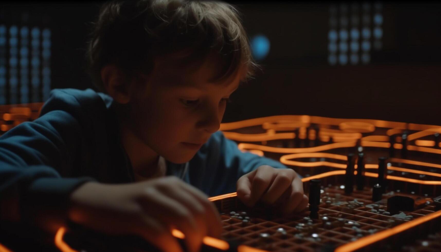 Cute boys playing with technology, concentration on their faces indoors generated by AI photo