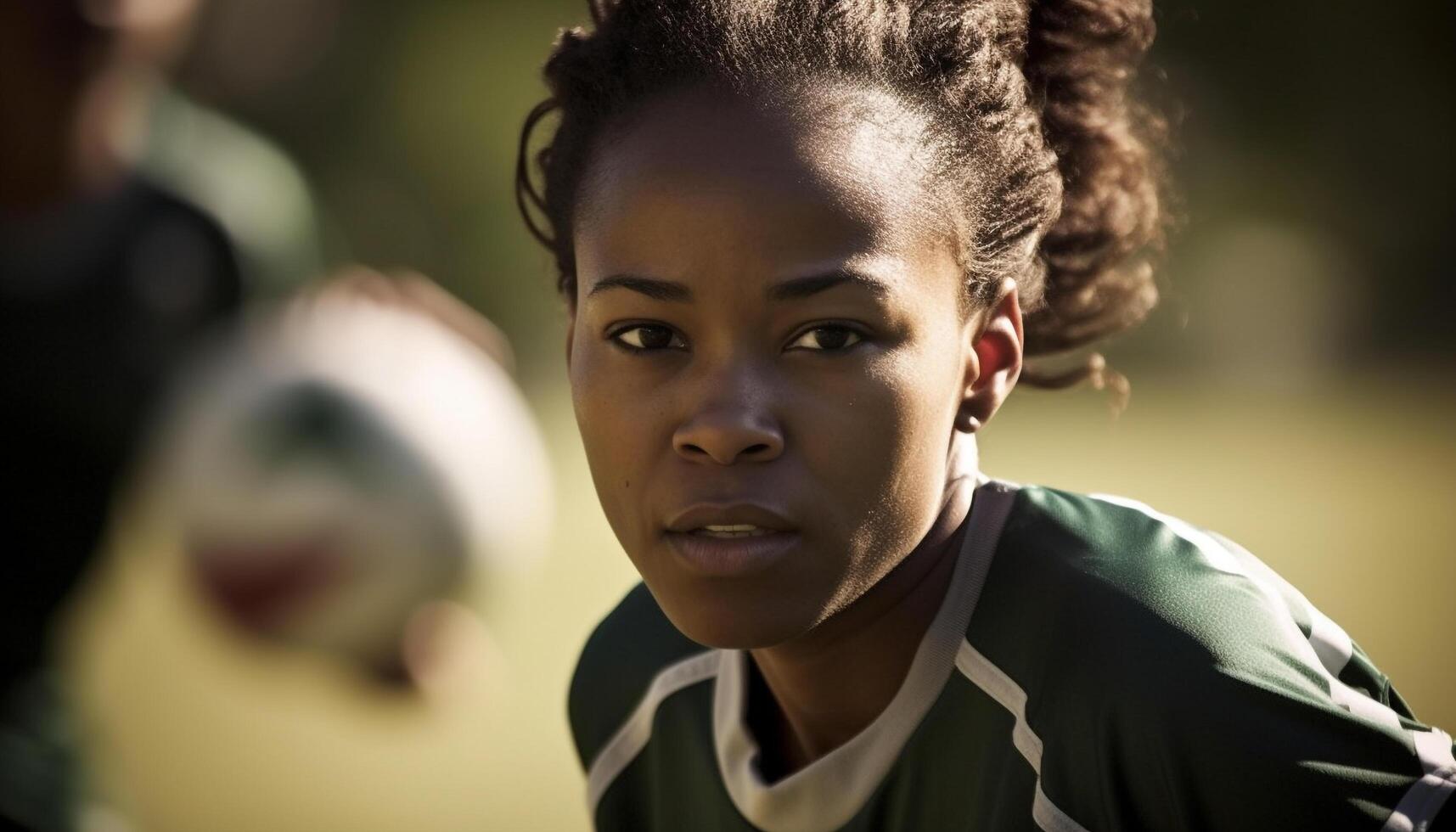 Smiling young athlete playing outdoors, focus on foreground, summer fun generated by AI photo