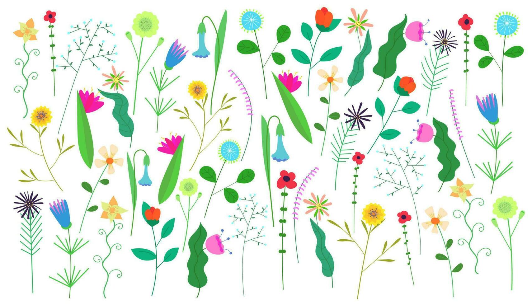 floral prado en blanco antecedentes. dibujo primavera salvaje floreciente flores césped. herbario plantas decoración. delicado verano campo flores silvestres impresión. botánico resumen floraciones cubrir. vector ilustración