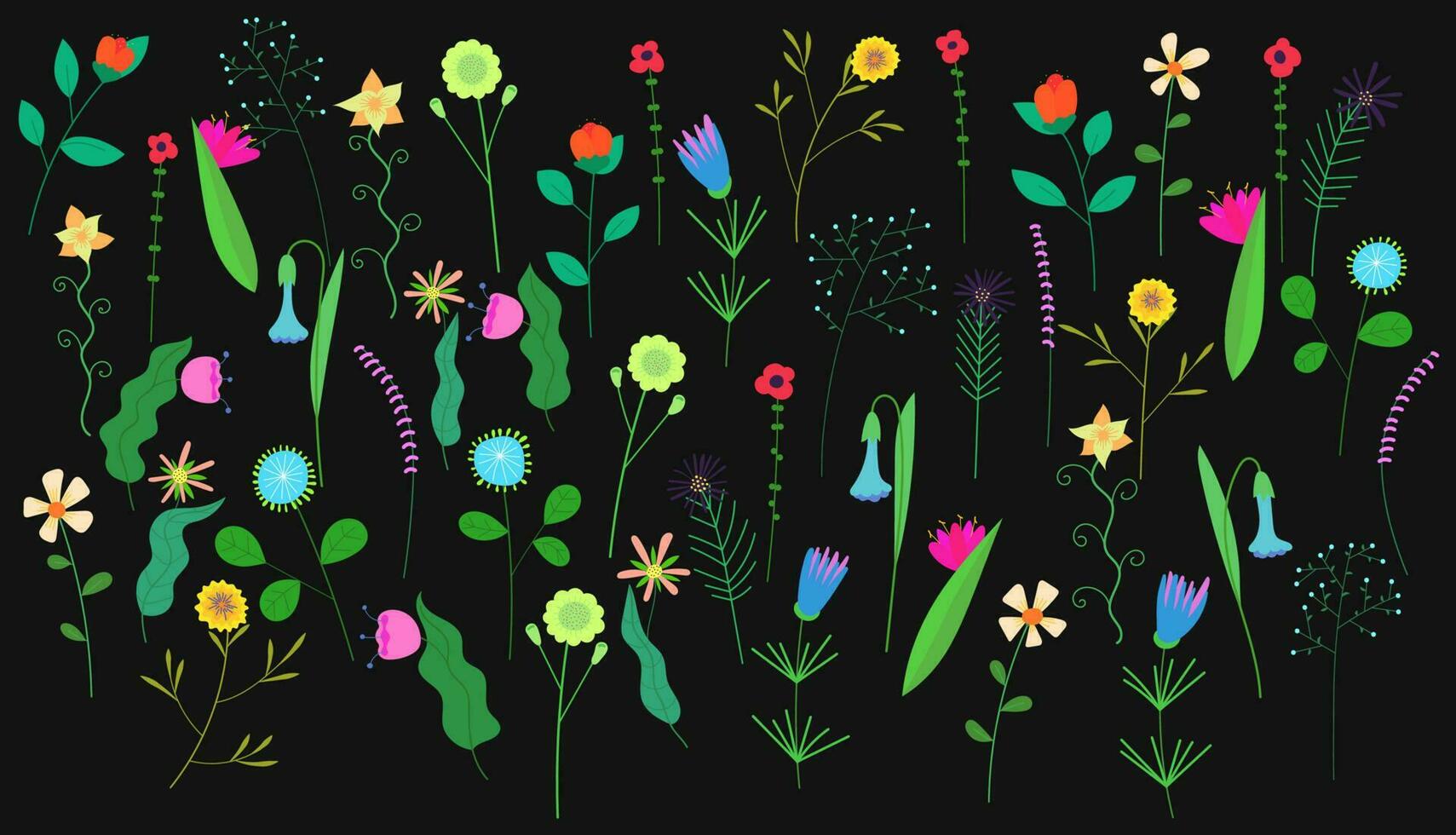 floral modelo en negro antecedentes. primavera salvaje floreciente flores textura. herbario plantas decoración. delicado verano campo y prado flores silvestres impresión. botánico resumen floraciones cubrir. vector eps