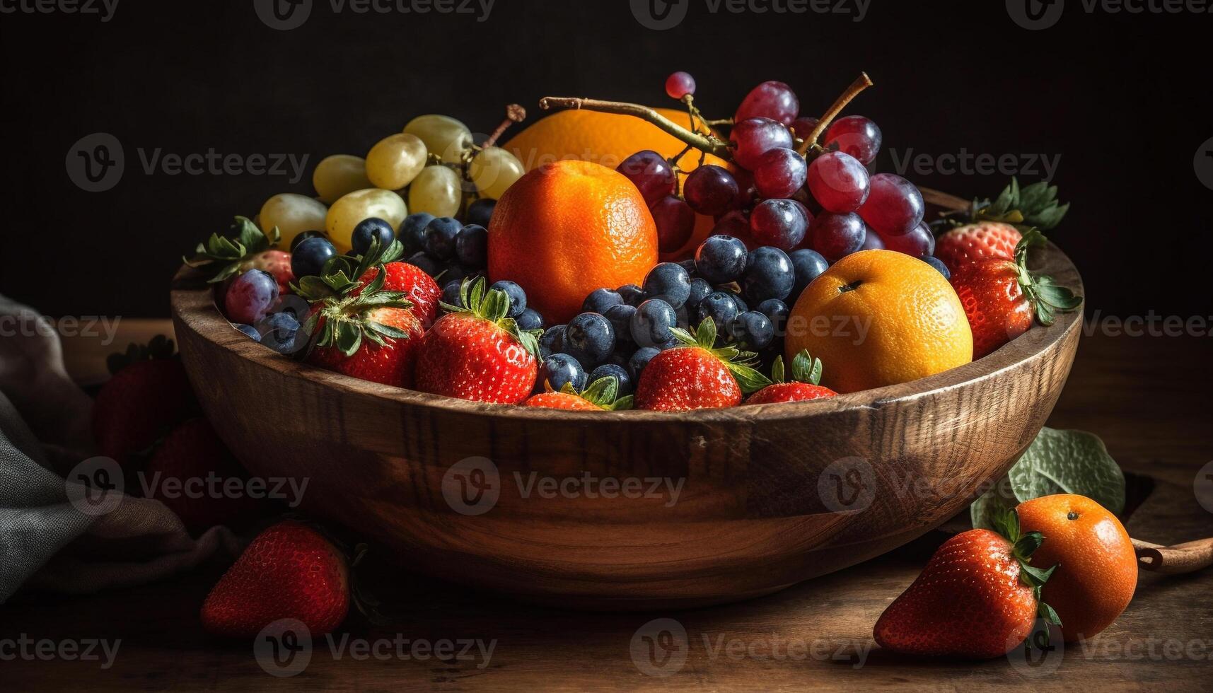 Organic berry bowl on rustic wood table, perfect summer snack generated by AI photo