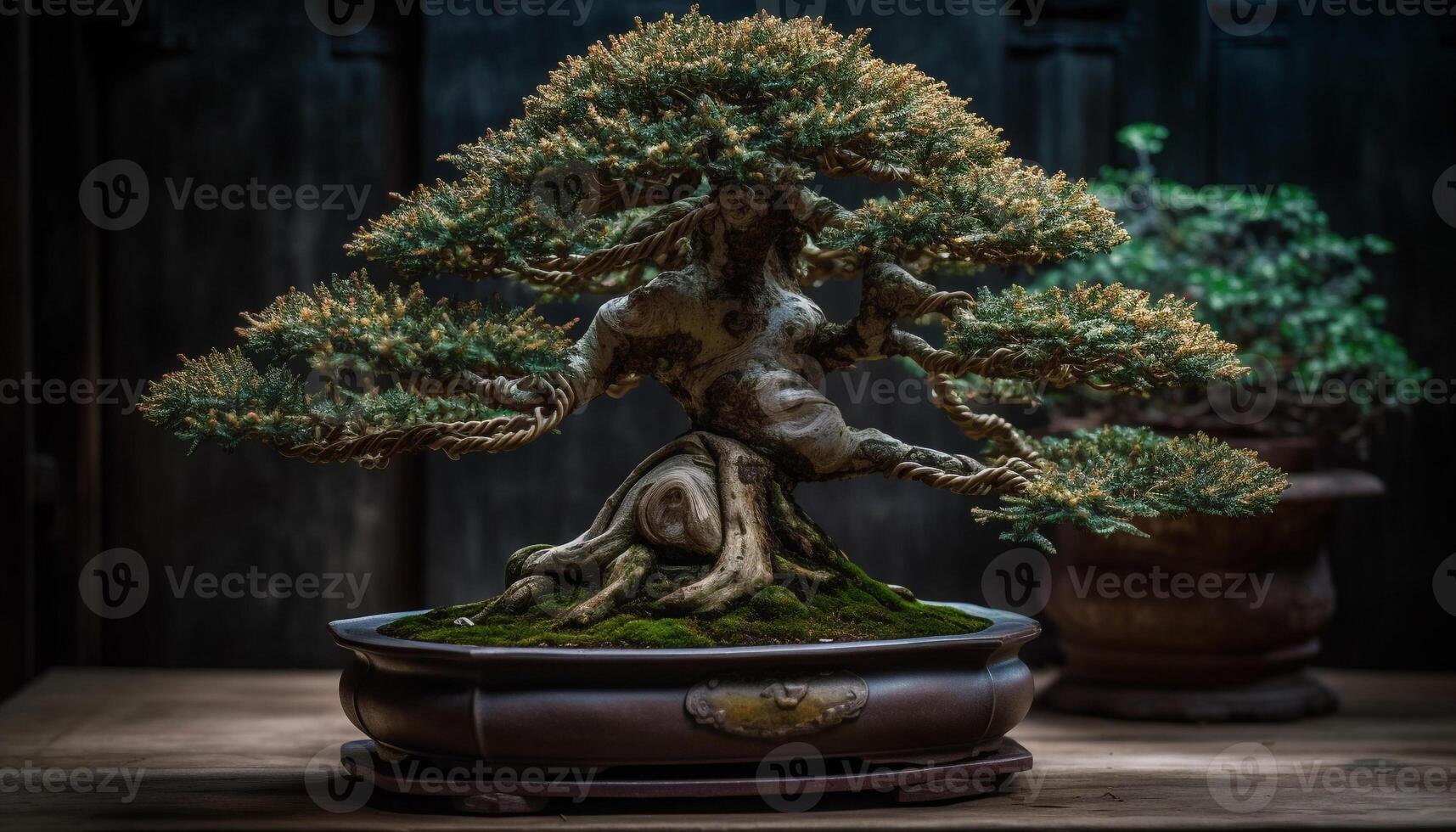 Ornate pottery vase holds single pine branch, symbolizing spirituality generated by AI photo