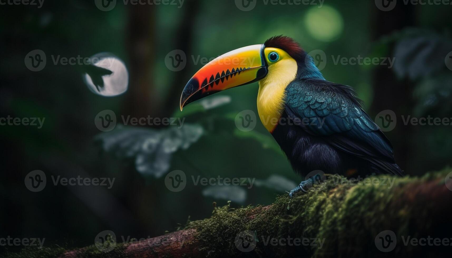 Vibrant toucan perching on green branch in tropical rainforest generated by AI photo