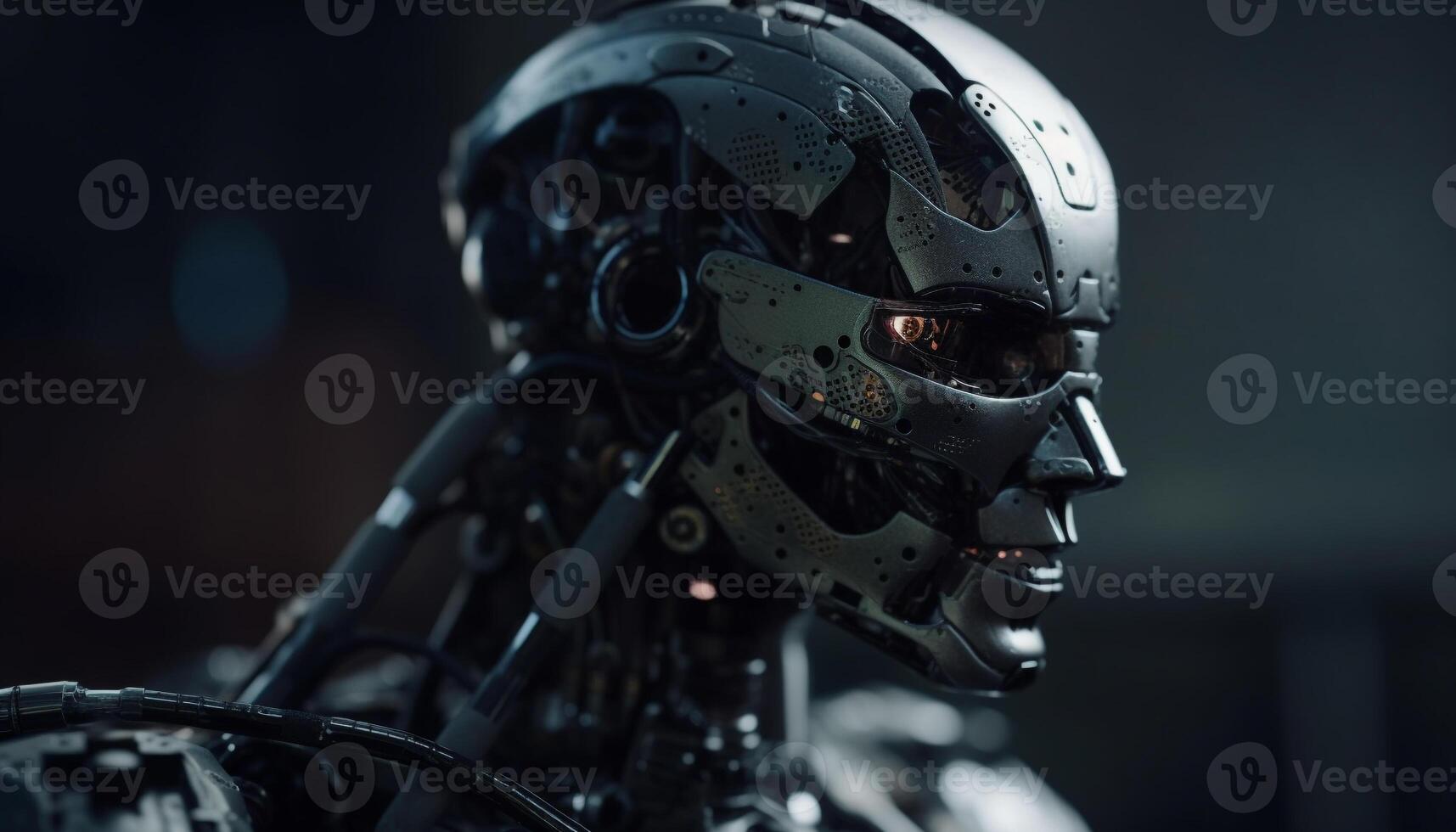Futuristic robotic cyborg army men armed with machinery and technology generated by AI photo