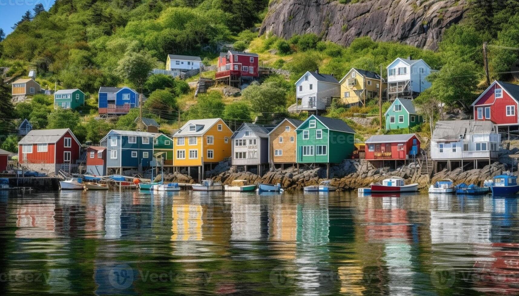 Idyllic fishing village reflects vibrant autumn colors in tranquil waterfront scene generated by AI photo