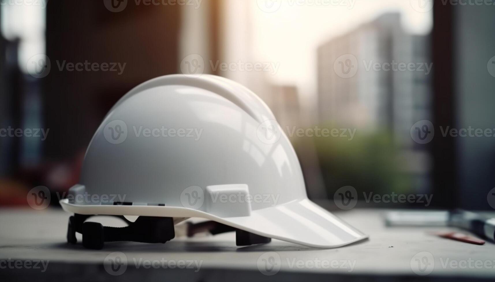 Protective hardhat worn by construction worker on modern construction site generated by AI photo