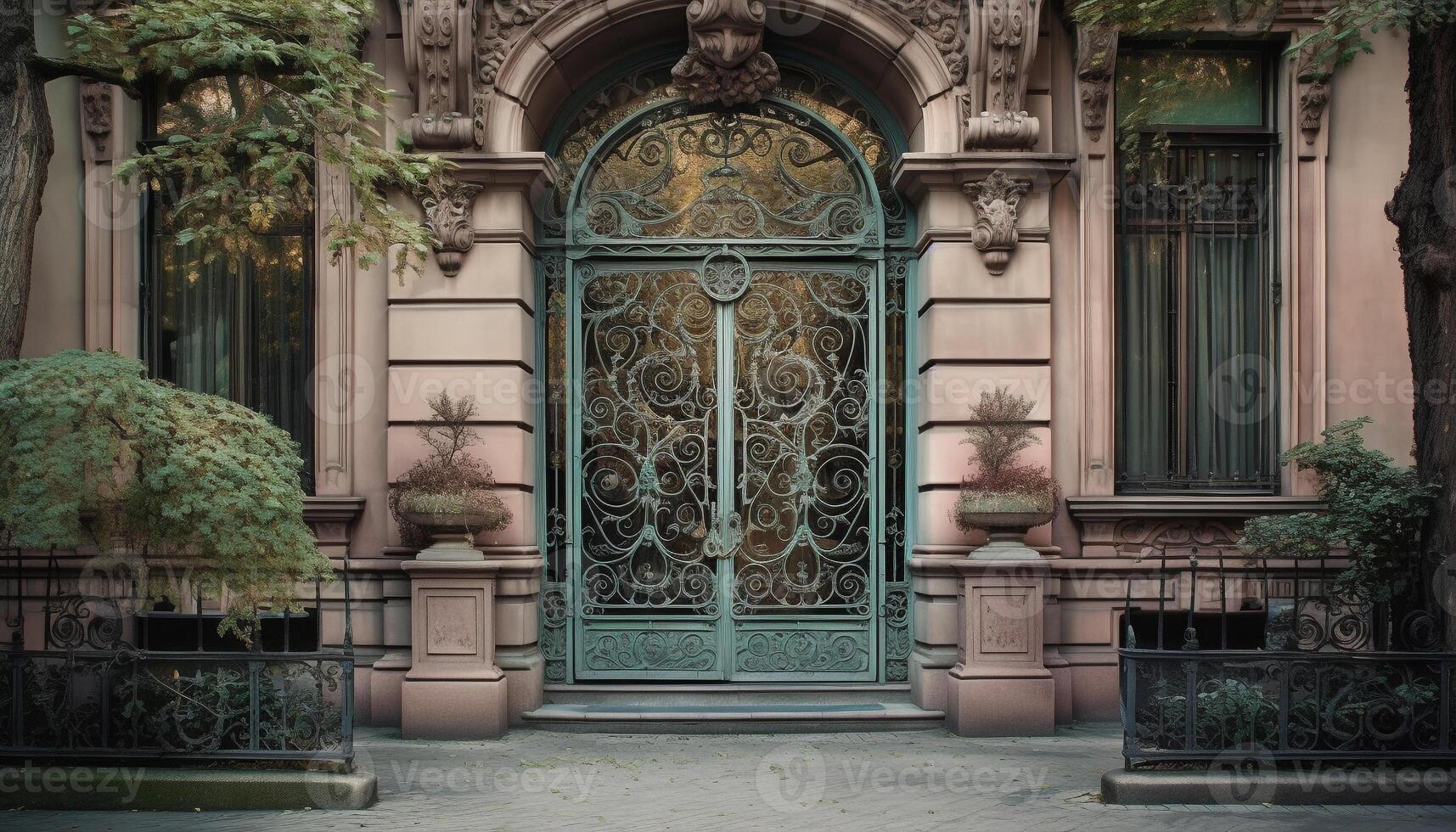 florido Entrada a famoso antiguo cristiano edificio rodeado por naturaleza generado por ai foto