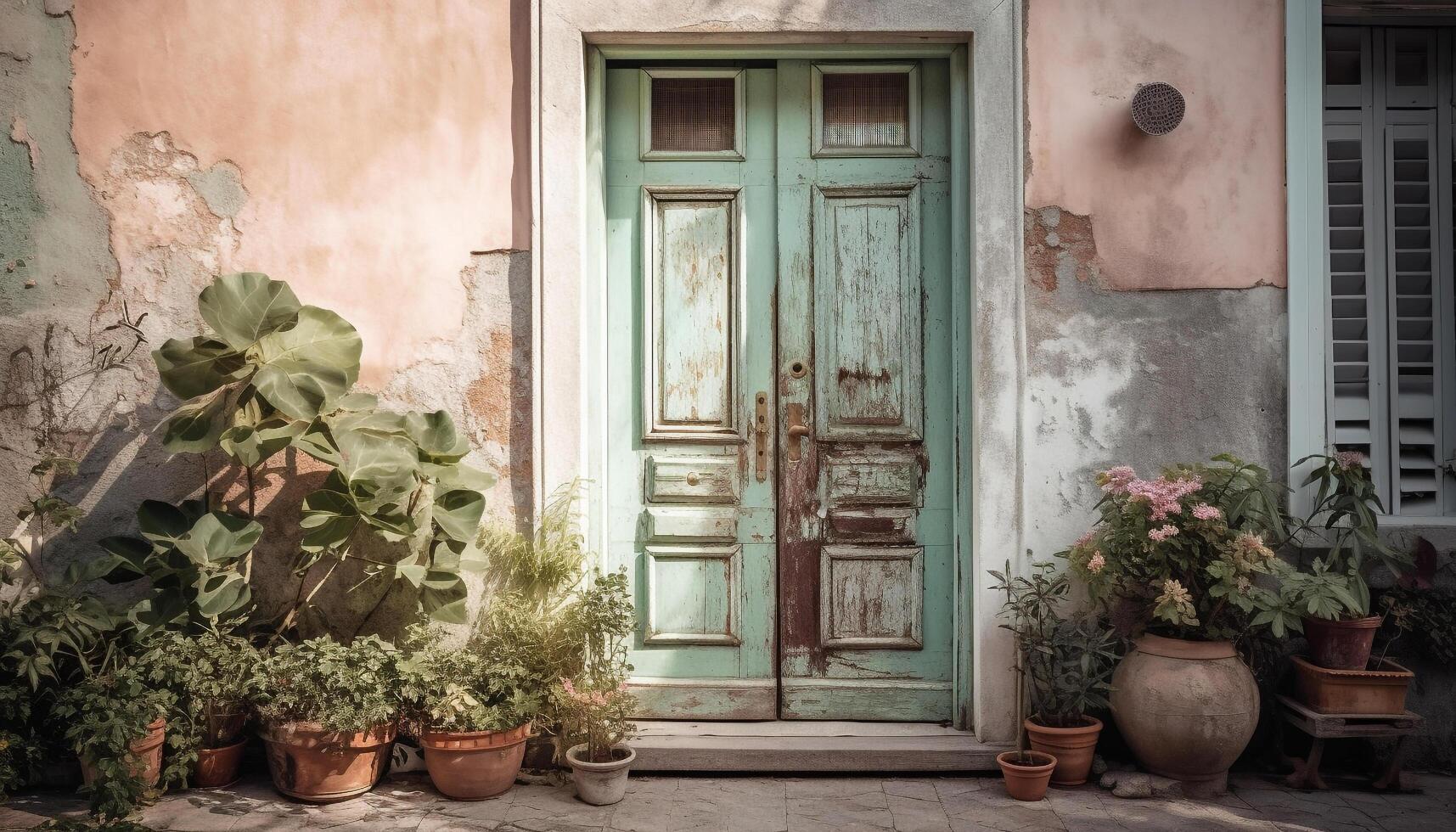 verde en conserva planta en rústico ventana umbral en antiguo cabaña generado por ai foto